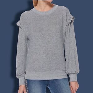 T Tahari NWT Grey Heather Sweater with Ruffle Shoulder